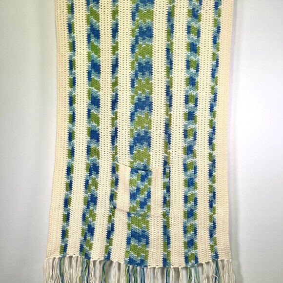 Vintage Crochet Afghan Blanket Striped Blue Green Cream Fringe Pockets Retro MCM - Picture 2 of 5